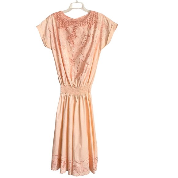 Vintage 70s 80s Midi Dress Lace Cutout Peach Pink M - Picture 4 of 5